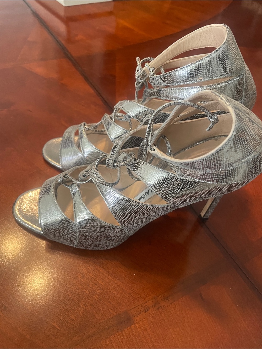 Manolo Blahnik Silver Lace-Up Strappy Stiletto Heels